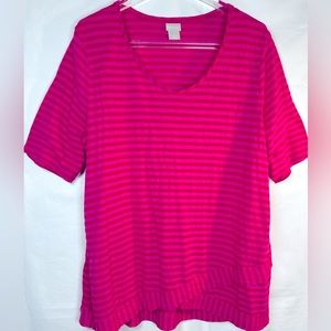 Chico’s Short Sleeve Shirt Hip Length Cross Over Detail PINK Stripe Size 3